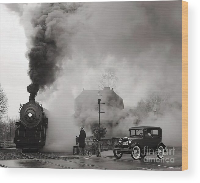 Vintage Wood Print featuring the photograph Image Of Steam Locomotive And Model A Ford At Intersection by Retrographs