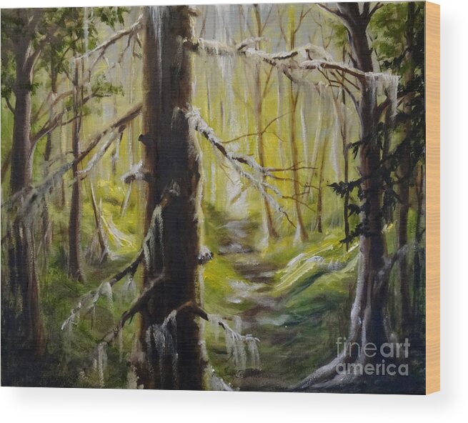 Forest Trees Light Dark Landscape Sky Shadows Shade Ground Moss Grass Branches Leaves Path Glow Wood Print featuring the painting Inside The Forest by Ida Eriksen