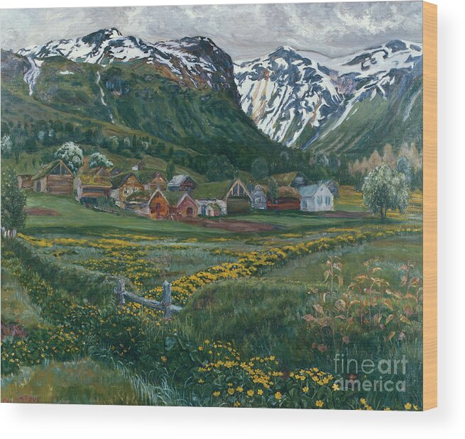 Nikolai Astrup Wood Print featuring the painting June night and old Joelster yard, 1910 by O Vaering by Nikolai Astrup