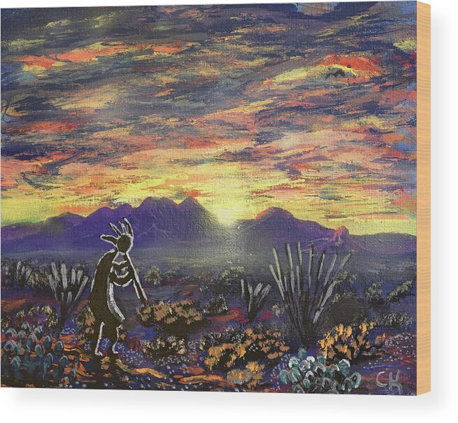Kokopelli Wood Print featuring the painting Kokopelli and an Arizona Sunrise over the Santa Rita Mountains by Chance Kafka