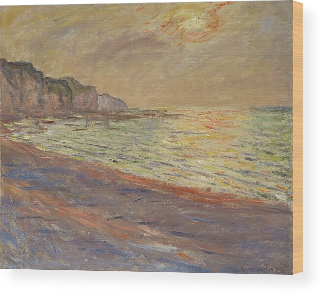 Claude Monet Wood Print featuring the painting La plage a Pourville, soleil couchant -Beach at Pourville, sunset- Oil on canvas, 1882 60 x 73 cm. by Claude Monet -1840-1926-