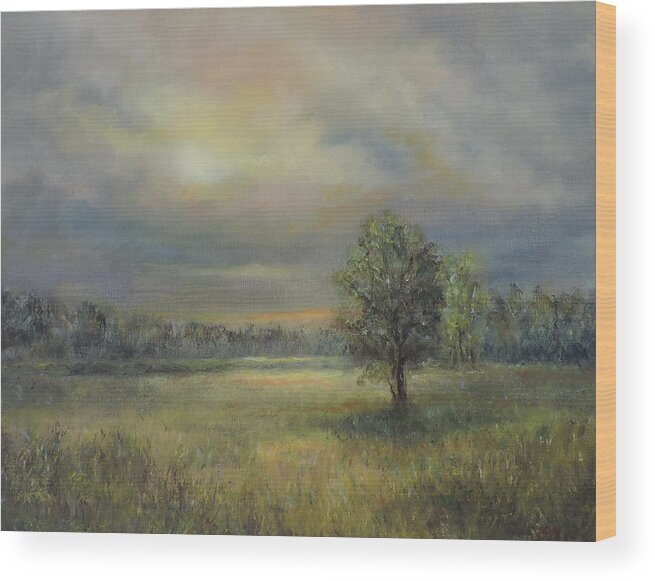 Wall Art Wood Print featuring the painting Landscape of a Meadow with sun and trees by Katalin Luczay