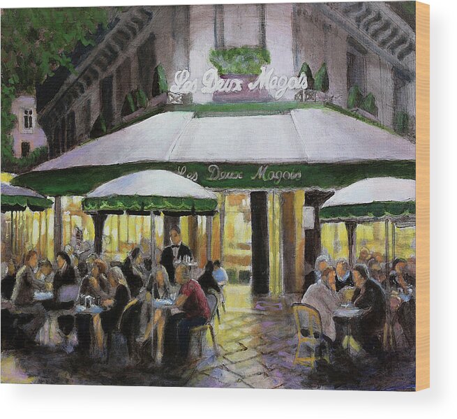 Paris Cafe Wood Print featuring the painting Le Deux Magots Bon Nuit by David Zimmerman
