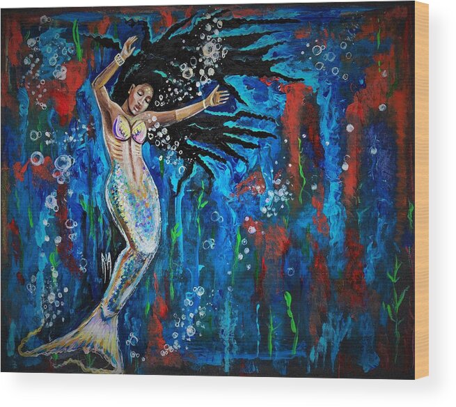 Mermaid Wood Print featuring the painting Lifes Strong Currents by Artist RiA