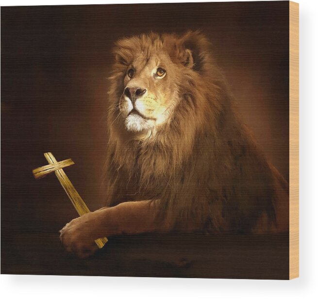 Jesus Wood Print featuring the mixed media Lion Of Judah With Cross by Sandi OReilly