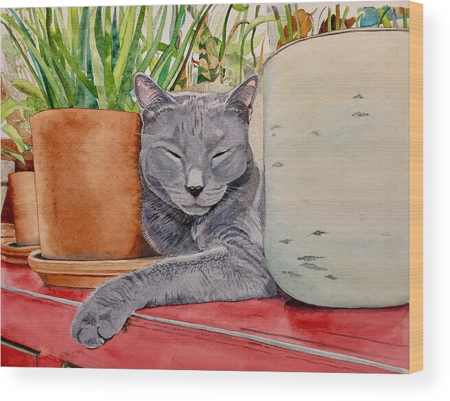 Cat Wood Print featuring the painting Louie in an Urban Jungle by Sonja Jones