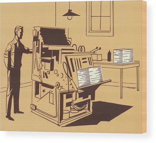 Adult Wood Print featuring the drawing Man and Printing Press by CSA Images