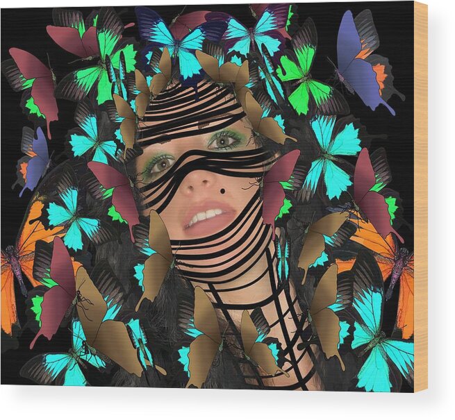 Mask Wood Print featuring the mixed media Mask of Butterflies and Bondage by Joan Stratton