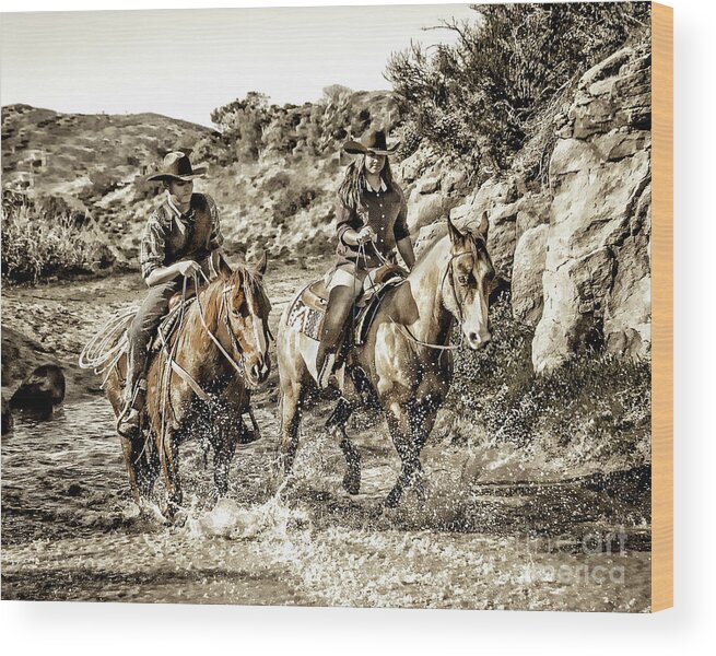 Cowboy Cowgirl Sepia Tone Photography Wood Print featuring the photograph Midday Ride by Jerry Cowart