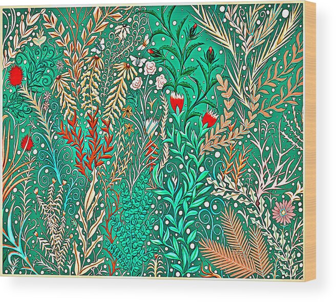 Lise Winne Wood Print featuring the digital art Millefleurs Home Decor Design in Brilliant Green and Light Oranges With Leaves and Flowers by Lise Winne