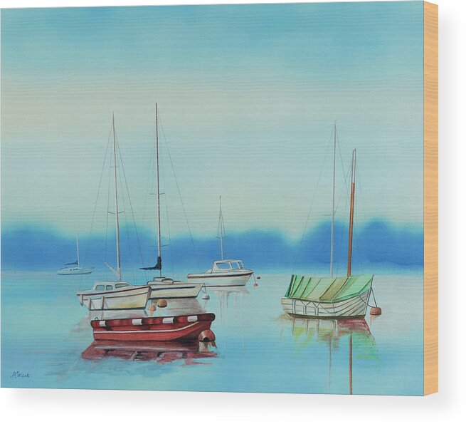 Misty Moorings Wood Print featuring the painting Misty Moorings by Judith Selcuk Illustrations