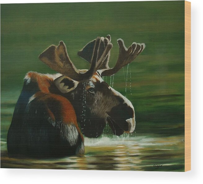 Moose Wood Print featuring the painting Monarque by Jean Yves Crispo