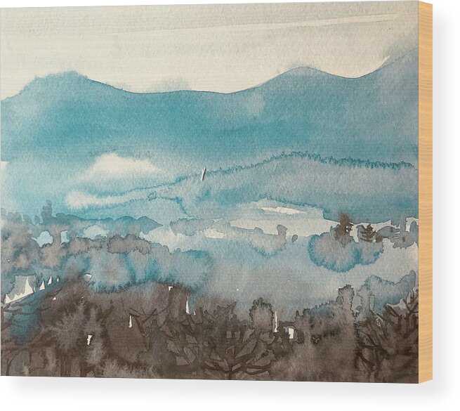 Moody Abstract Hills Wood Print featuring the painting Moody Blue Hills by Luisa Millicent
