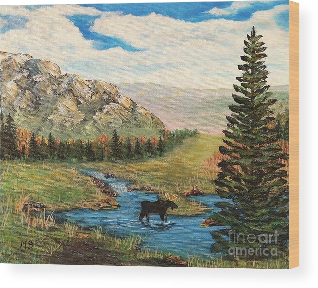 Moose Wood Print featuring the painting Moose In The Rut by Monika Shepherdson