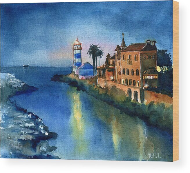 Portugal Wood Print featuring the painting Nightfall in Cascais Portugal by Dora Hathazi Mendes