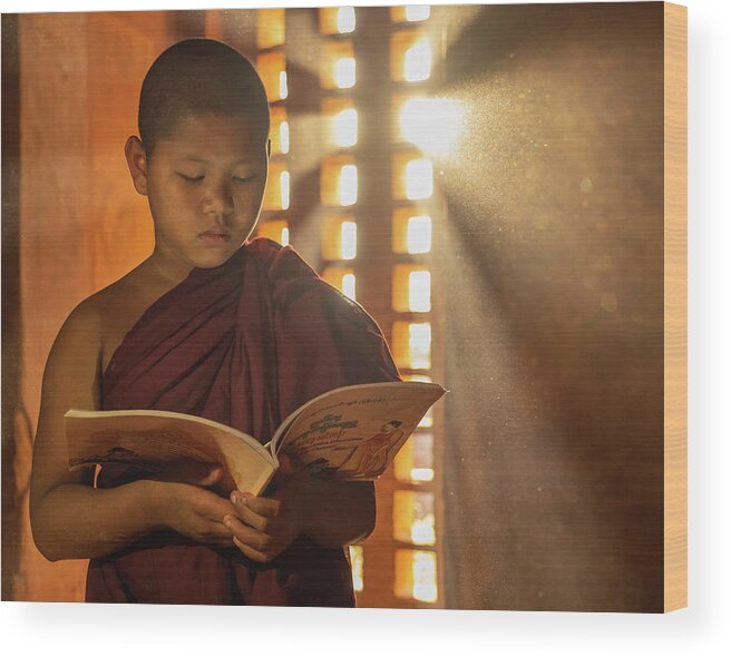 Boy Wood Print featuring the photograph Novice Monk Reading by Ann Moore