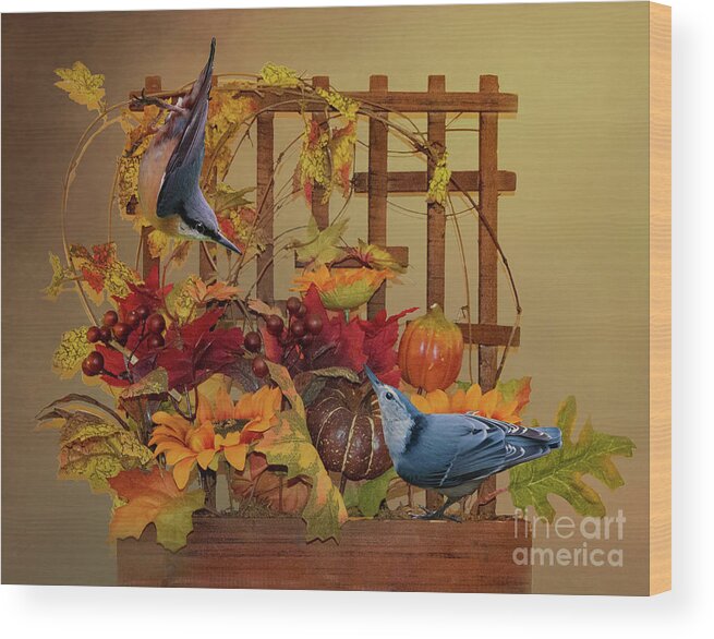 Nuthatches Wood Print featuring the mixed media Nuthatches on a Trellis by Kathy Kelly