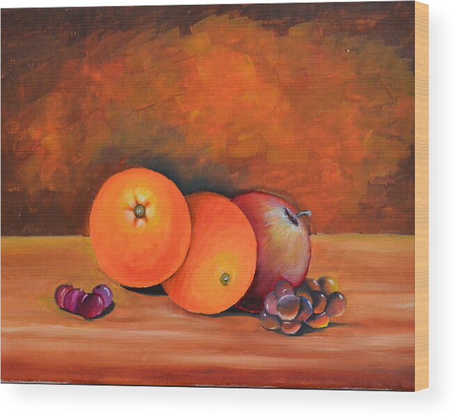 This Still Life Of Fruit Was Done In Oil. I Enjoy Doing Still Life's Of Fruits And Other Objects. I Did An Impressionist Background Because I Want The Focus On The Still Life. The Oranges Wood Print featuring the painting Oranges and Apple by Martin Schmidt