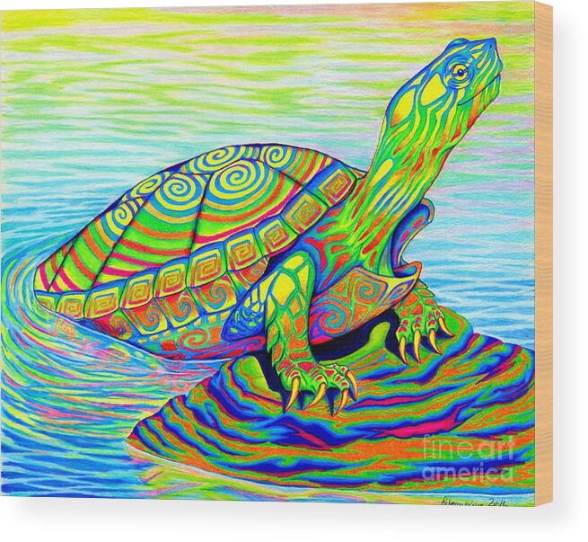 Turtle Wood Print featuring the drawing Psychedelic Neon Rainbow Painted Turtle by Rebecca Wang