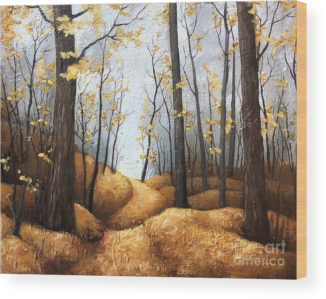 Golden Wood Print featuring the painting Path to autumn by Inese Poga