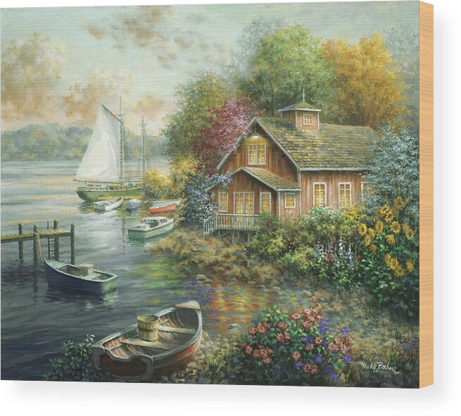 Peaceful Mooring Wood Print featuring the painting Peaceful Mooring by Nicky Boehme
