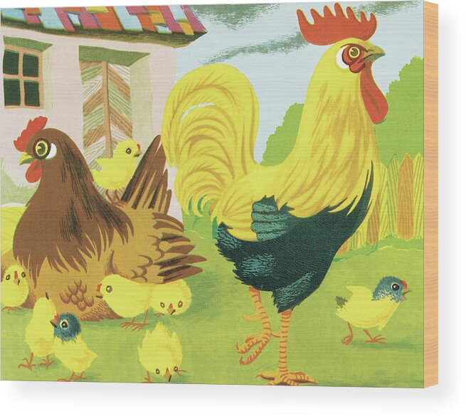 Agriculture Wood Print featuring the drawing Rooster and Chicken by CSA Images