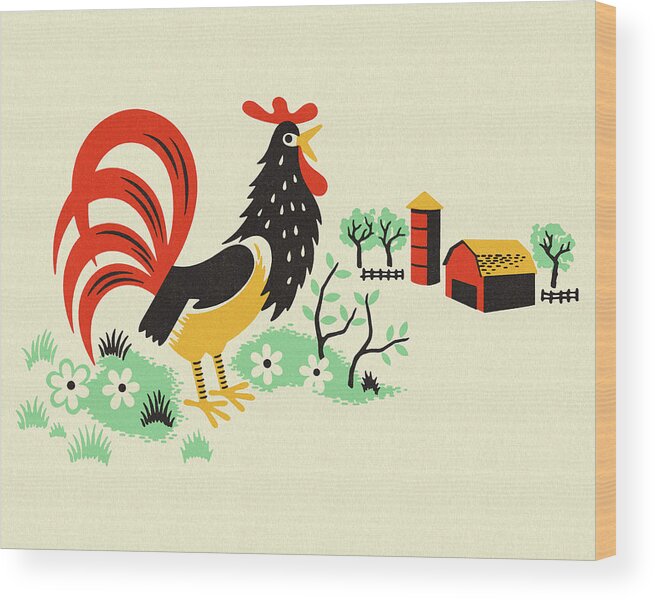 Agriculture Wood Print featuring the drawing Rooster on a Farm by CSA Images