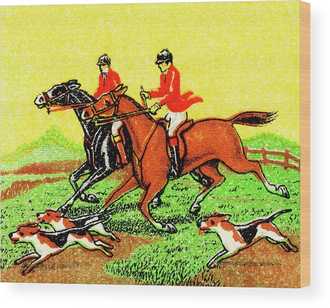 Animal Wood Print featuring the drawing Running Dogs and Men Riding Horses by CSA Images