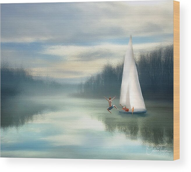 Sailing Boats Wood Print featuring the mixed media Sailing Down the River by Colleen Taylor