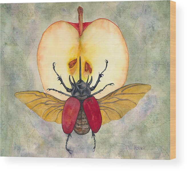Beetle Wood Print featuring the painting Beetle on Apple by Marie Stone