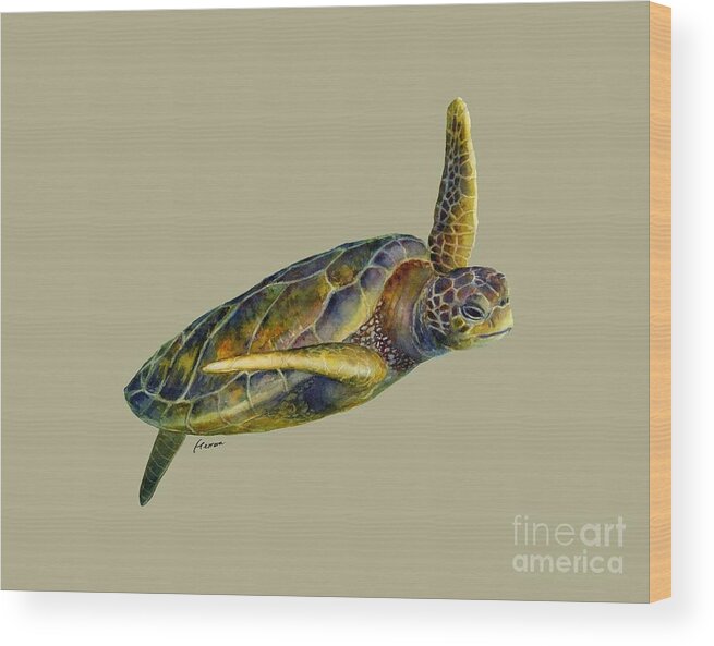 Underwater Wood Print featuring the painting Sea Turtle 2-Solid background by Hailey E Herrera