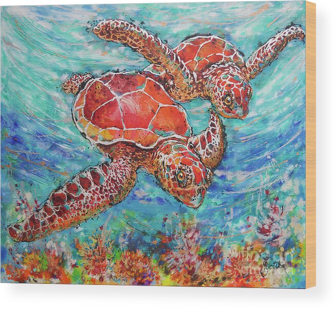 Marine Turtles Wood Print featuring the painting Sea Turtles on Coral Reef by Jyotika Shroff