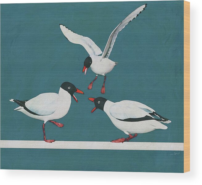 Animal Wood Print featuring the digital art Seagulls are having quite a fight by the ocean by Jan Keteleer