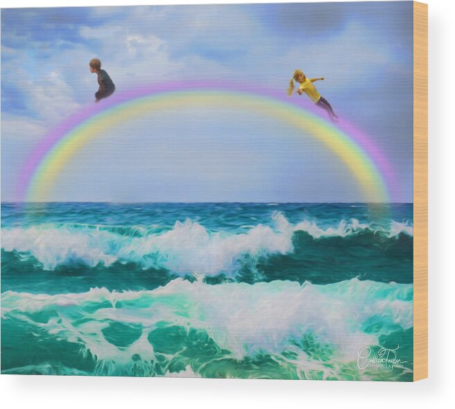 Children's Paintings Wood Print featuring the mixed media Sliding Down Rainbows by Colleen Taylor