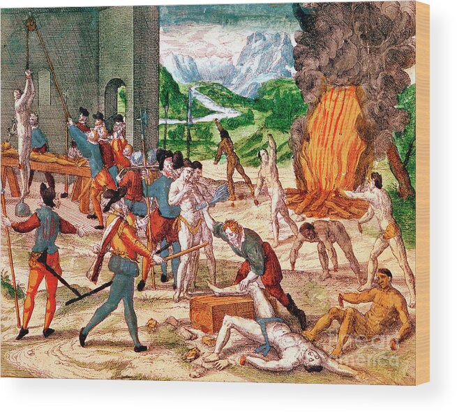 Engraving Wood Print featuring the drawing Spanish Conquistadors Torturing by Print Collector