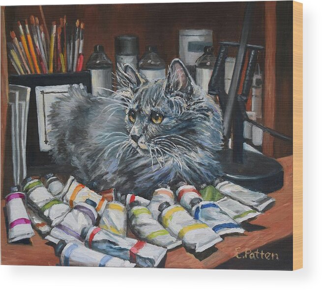 Cat Wood Print featuring the painting Studio Cat In Training by Eileen Patten Oliver
