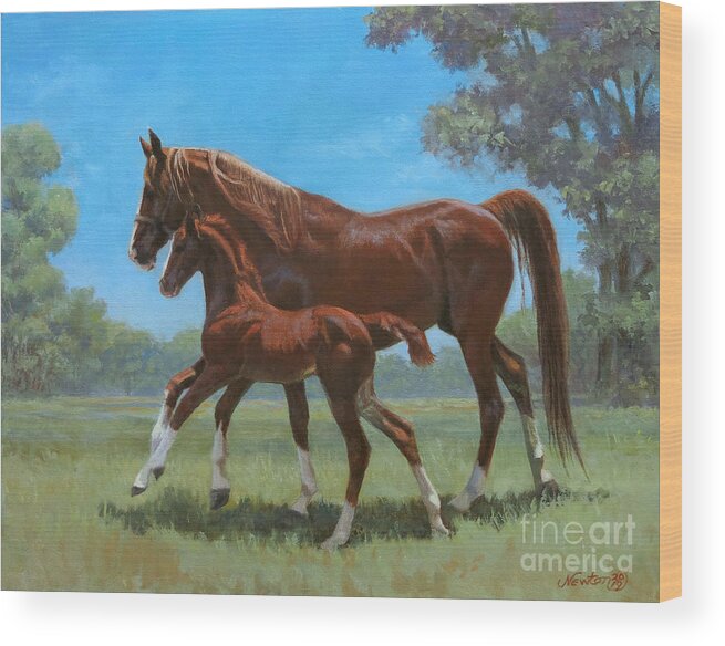 Mare And Foal Wood Print featuring the painting Sunny Days by Jeanne Newton Schoborg