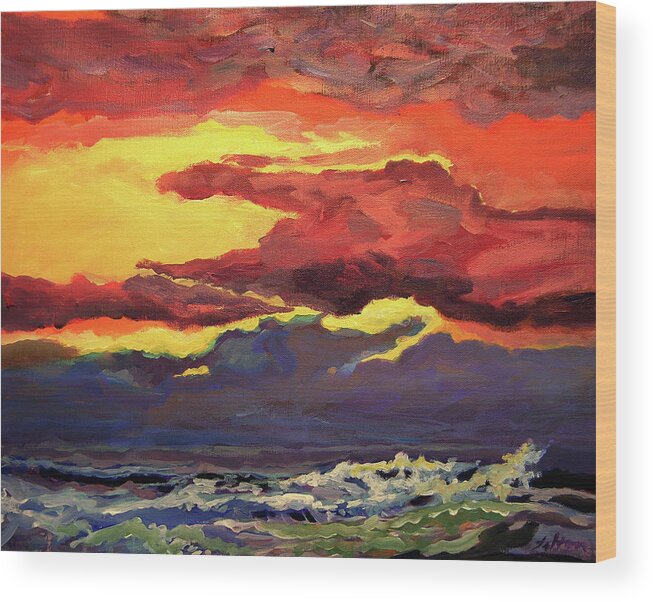 Original Seascape Paintings Wood Print featuring the painting Sunrise at the jetty 6-23-15 by Julianne Felton