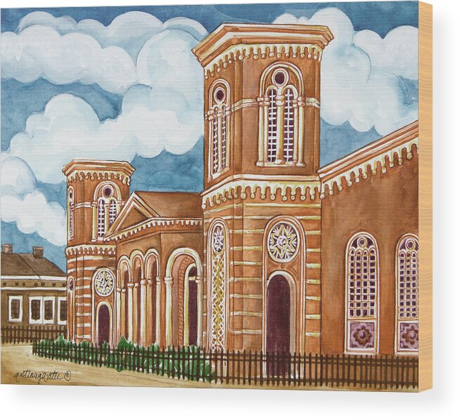 Synagogue Wiznitz Exterior Wood Print featuring the painting Synagogue Wiznitz Exterior by Andrea Strongwater