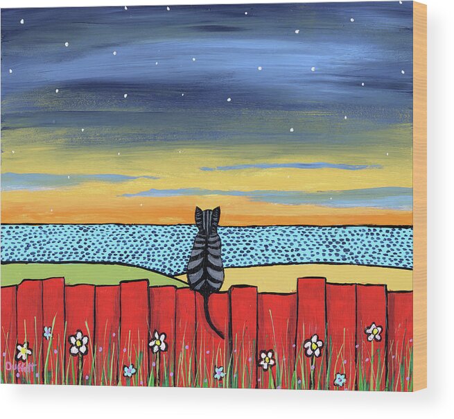 Tabby Cat Red Fence Sunset Ocean Wood Print featuring the painting Tabby Cat Red Fence Sunset Ocean by Shelagh Duffett