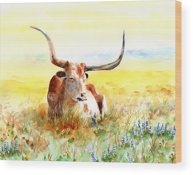Longhorn Wood Print featuring the painting Texas Longhorn, Bluebonnets and Sunshine by Carlin Blahnik CarlinArtWatercolor