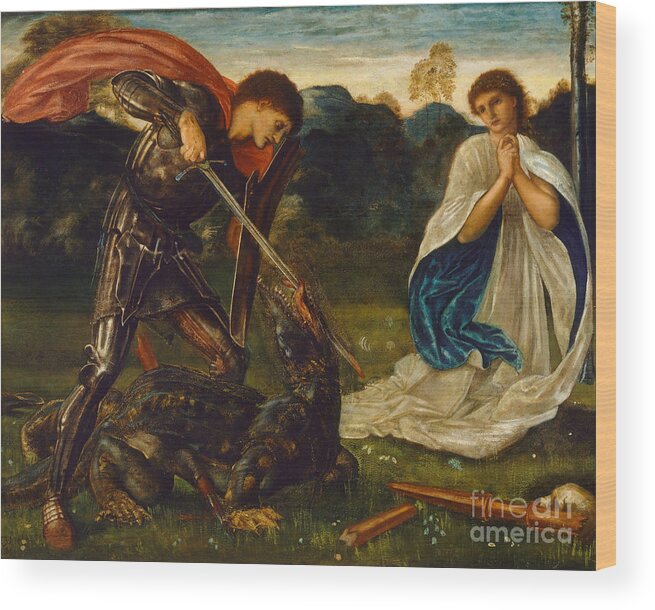 Pre-raphaelite Wood Print featuring the drawing The Fight St George Killing The Dragon by Heritage Images