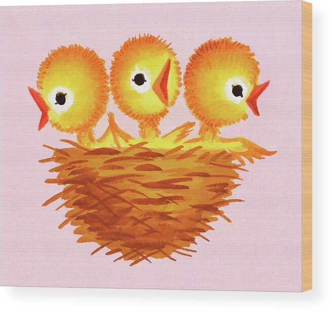 Animal Wood Print featuring the drawing Three Chicks in a Nest by CSA Images