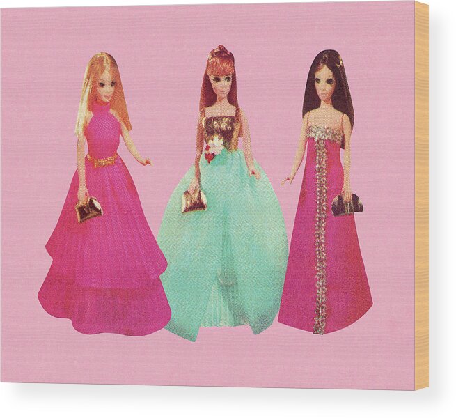 Apparel Wood Print featuring the drawing Three Dolls Wearing Formal Gowns by CSA Images