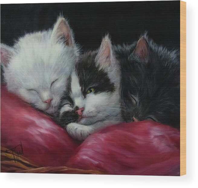 Kittens Wood Print featuring the painting Three Little Kittens by Lynne Pittard
