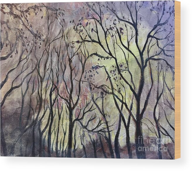 Dusk Wood Print featuring the painting Tree Tops At Dusk by Gretchen Allen