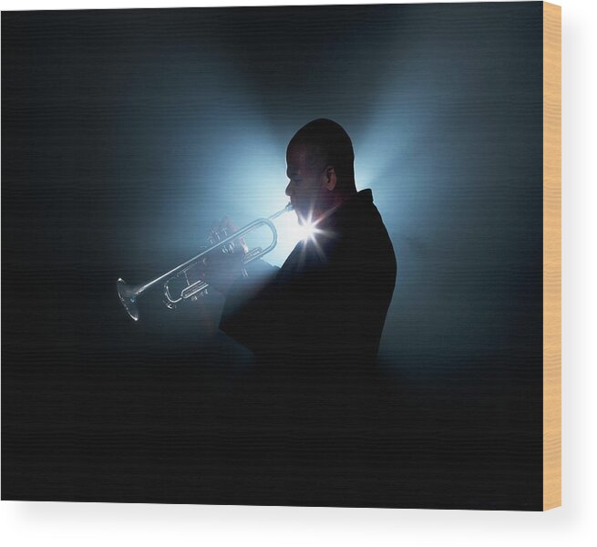 People Wood Print featuring the photograph Trumpeter Playing Horn On Stage by Tooga