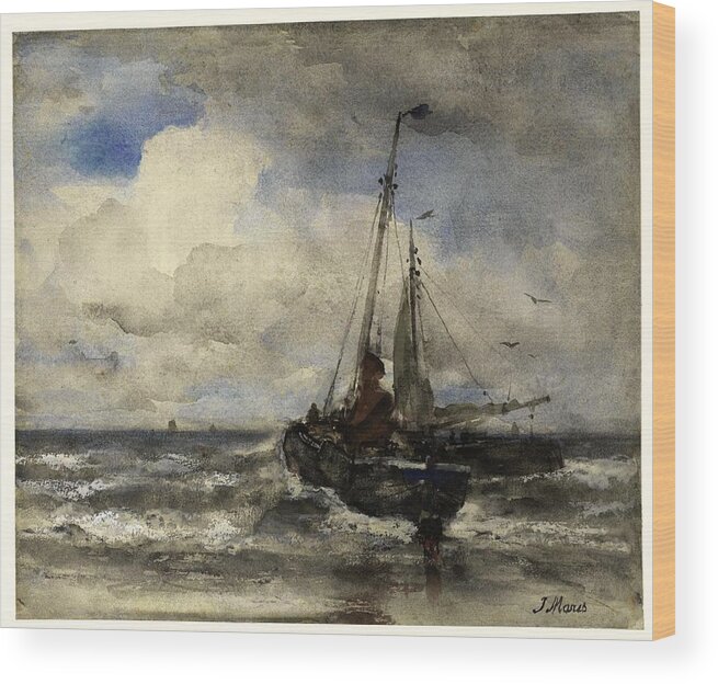 Brush Wood Print featuring the painting Two fishing boats at the beach. by Jacob Maris -1837-1899-