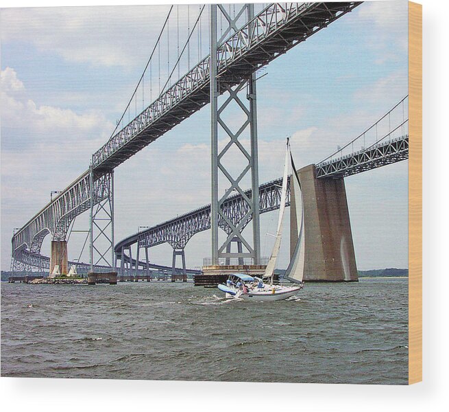 Sailing Wood Print featuring the photograph Under the Bay Bridges by Minnie Gallman