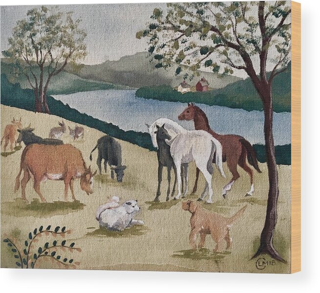 Horse Wood Print featuring the painting Vermont Farm Animals by Lisa Curry Mair
